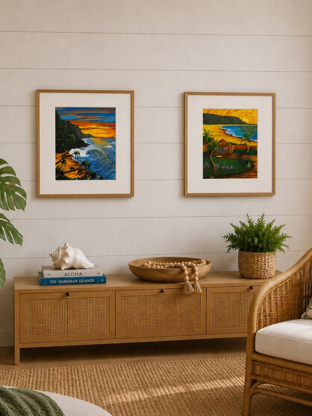 Moses Hamilton Hawaiian Coastal Art Print Pair Hanalei Surf Shack Hanakapiai Sun